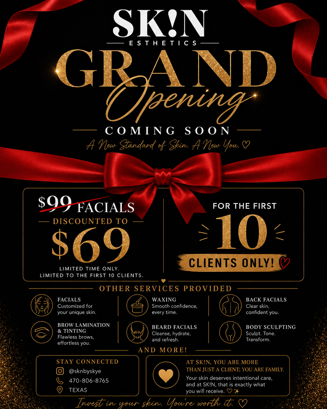 Grand opening announcement for SK.N Esthetics with a red ribbon and bow, offering facial services, including a special deal for the first 10 clients.