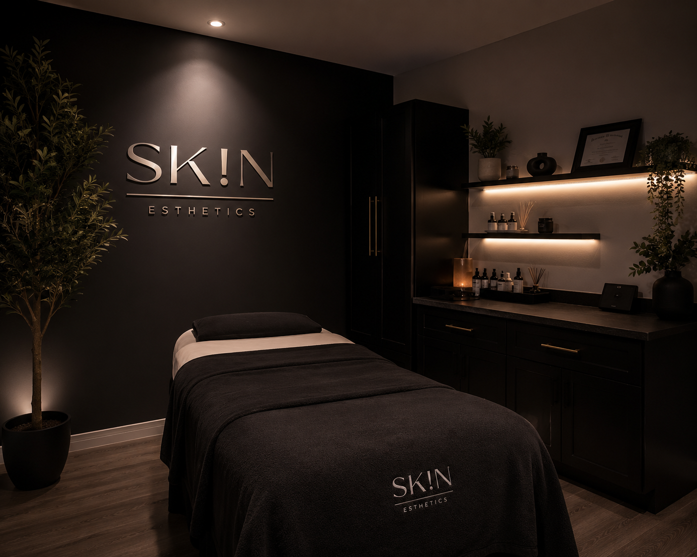 A treatment room at SKIN Esthetics with a massage bed covered in black linens, a potted plant, and shelves with skincare products and decor, featuring dark walls and ambient lighting.