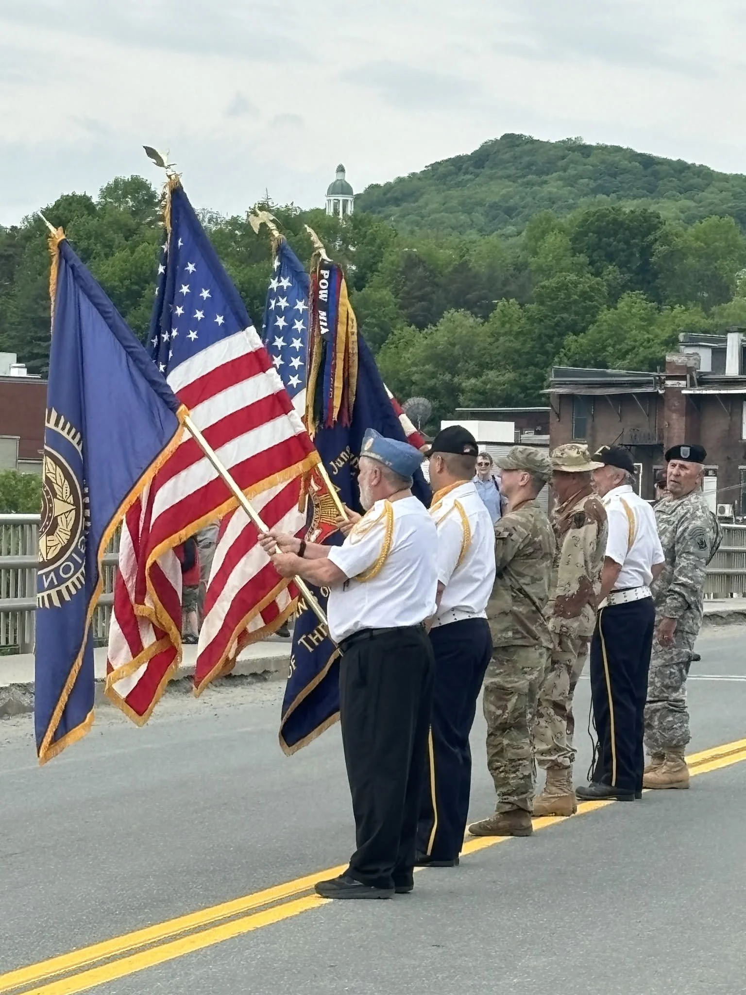 Group of veterans and military personnel standing in a line during a patriotic ceremony, holding American and veterans' flags, on a street with a mountain and church in the background.