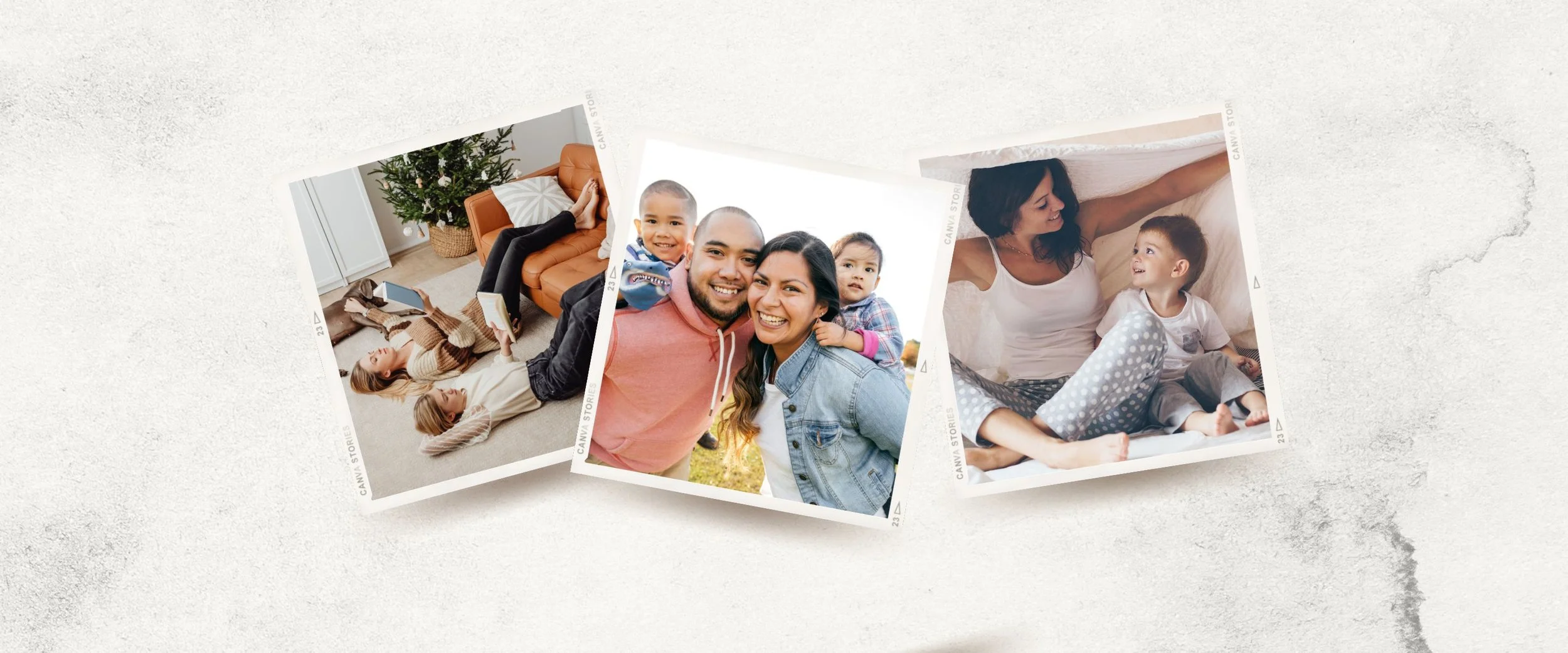 Three printed photos of a family, one with kids in a living room with a decorated Christmas tree, another of children lying on the floor with two adults, and the third of a woman and a child sitting on the floor.