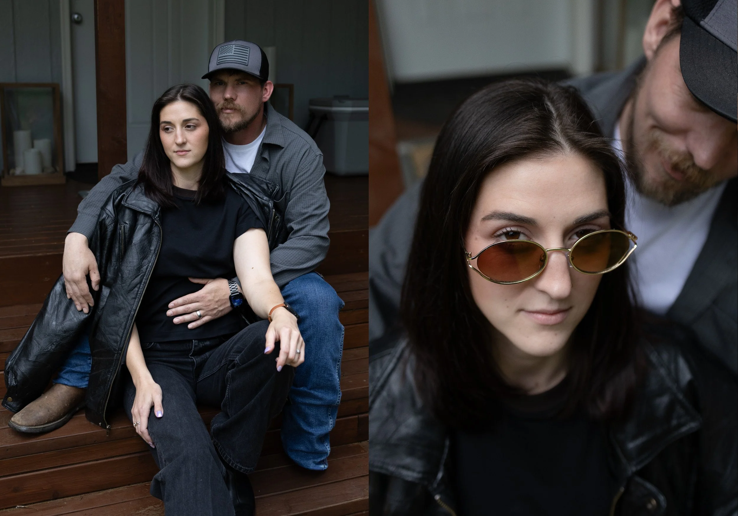 A young woman with dark hair and sunglasses sitting on a bench with a man in a baseball cap and gray shirt behind her, both indoors or on a porch with wooden flooring.