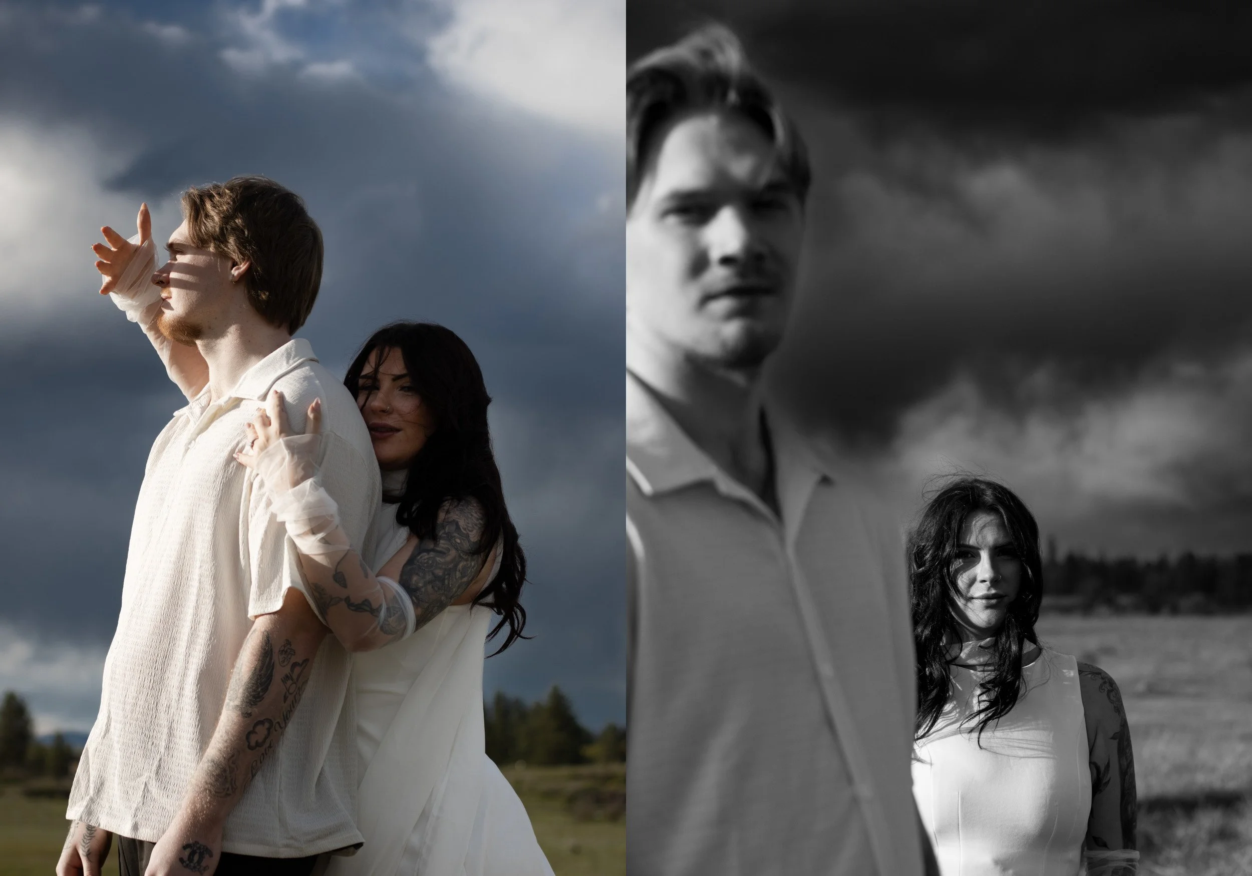 Photo of three people standing outdoors against a cloudy sky, with a table split into color and black-and-white halves. The two women are embracing, while the man is standing nearby. The left side is colored, showing clear skin tones and details, whi