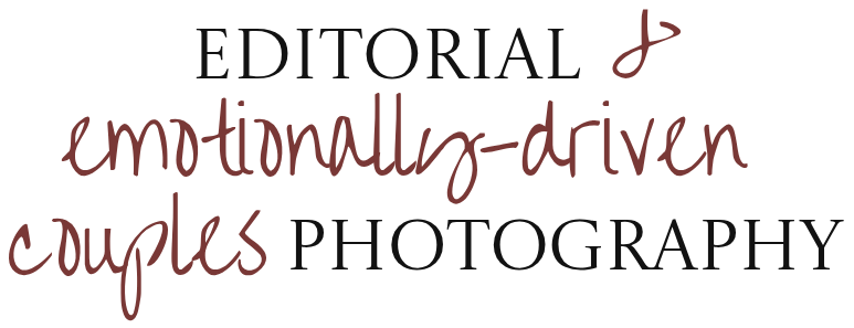 Text-based graphic with the words 'Editorial & emotionally-driven couples photography' in black and dark red fonts.