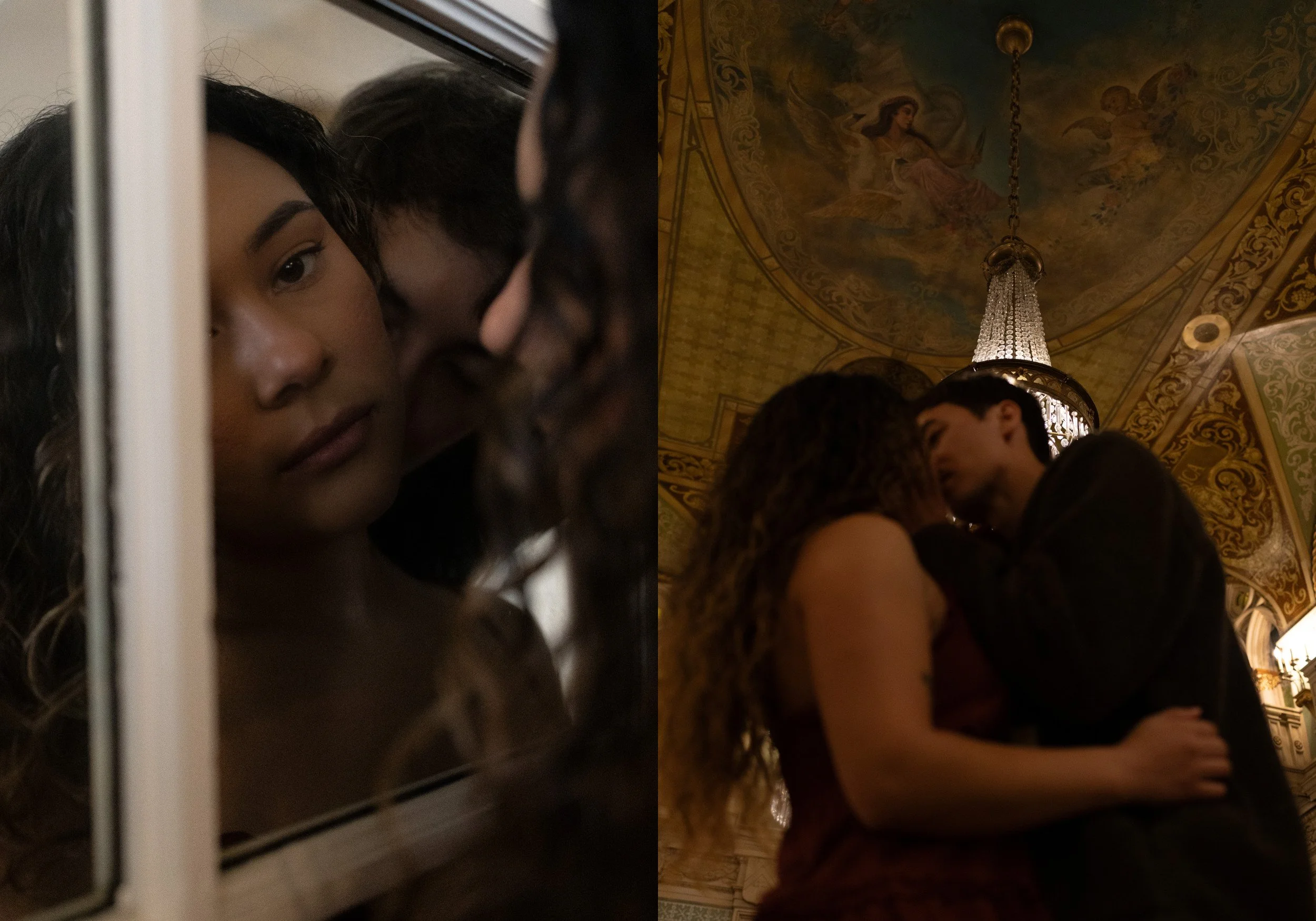 A pair of people, a man and a woman, sharing a close, intimate moment in a richly decorated room with a chandelier and ornate ceiling paintings.