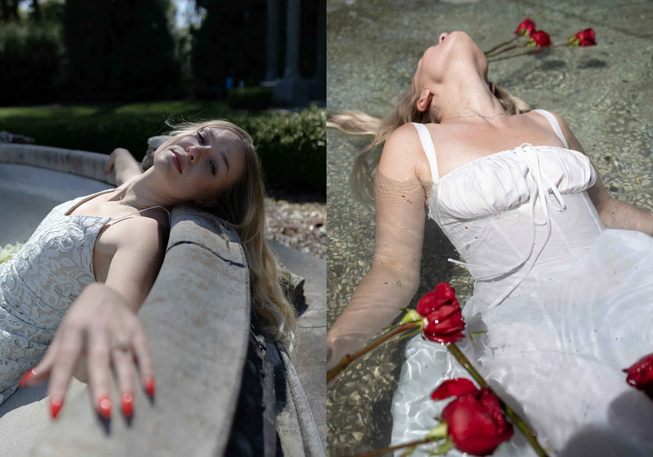 A woman lying on her back on a grassy ground with a white dress, reaching towards the camera with her hand, and red roses scattered on the ground near her head and body.