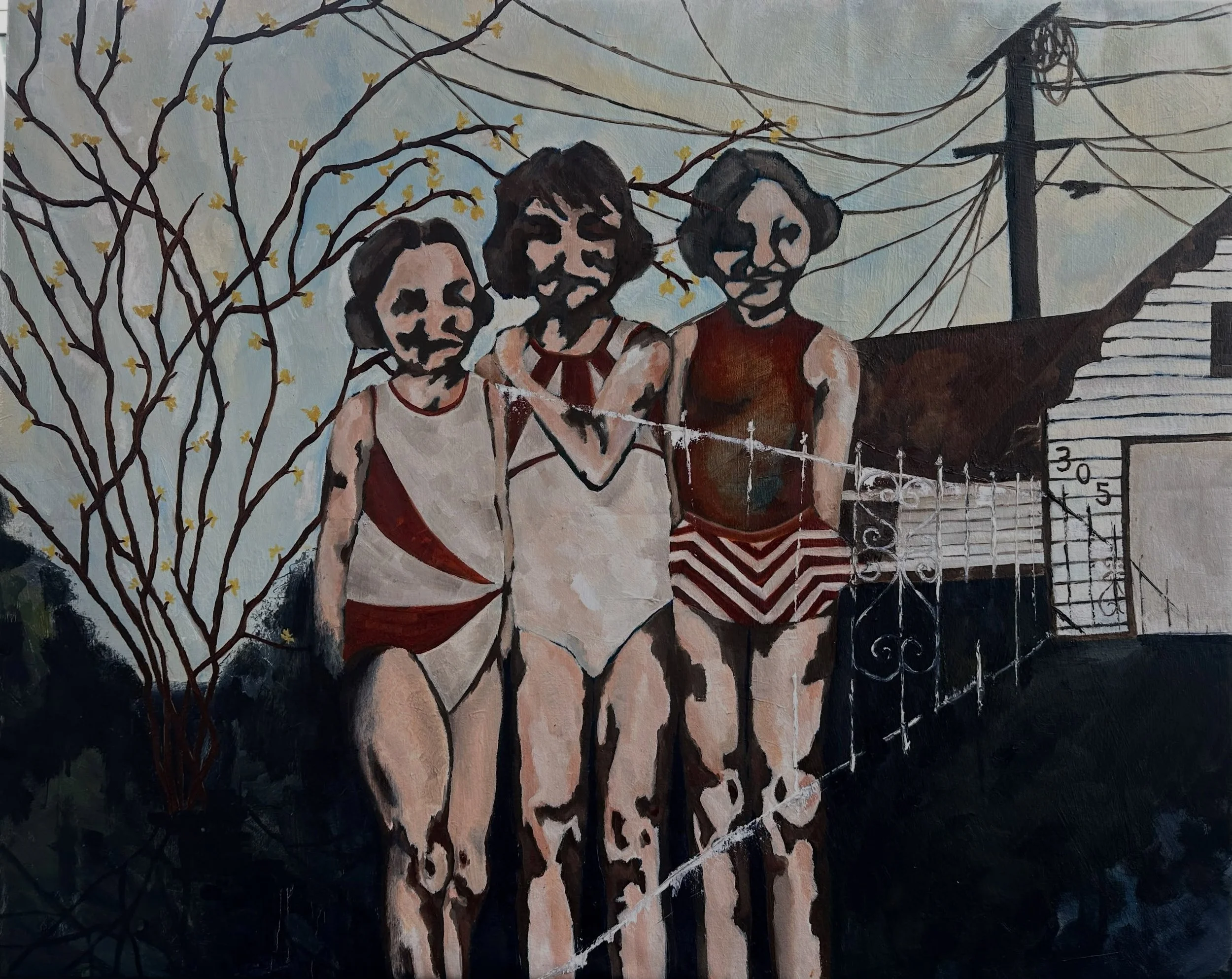 Outside the old Forsythe house
Oil on canvas
32x40&rdquo;
Been thinking about the shadows in our faces, old family photographs, Mary Ellen Mark, the Forsythia trees, and the house that started everything&hellip;