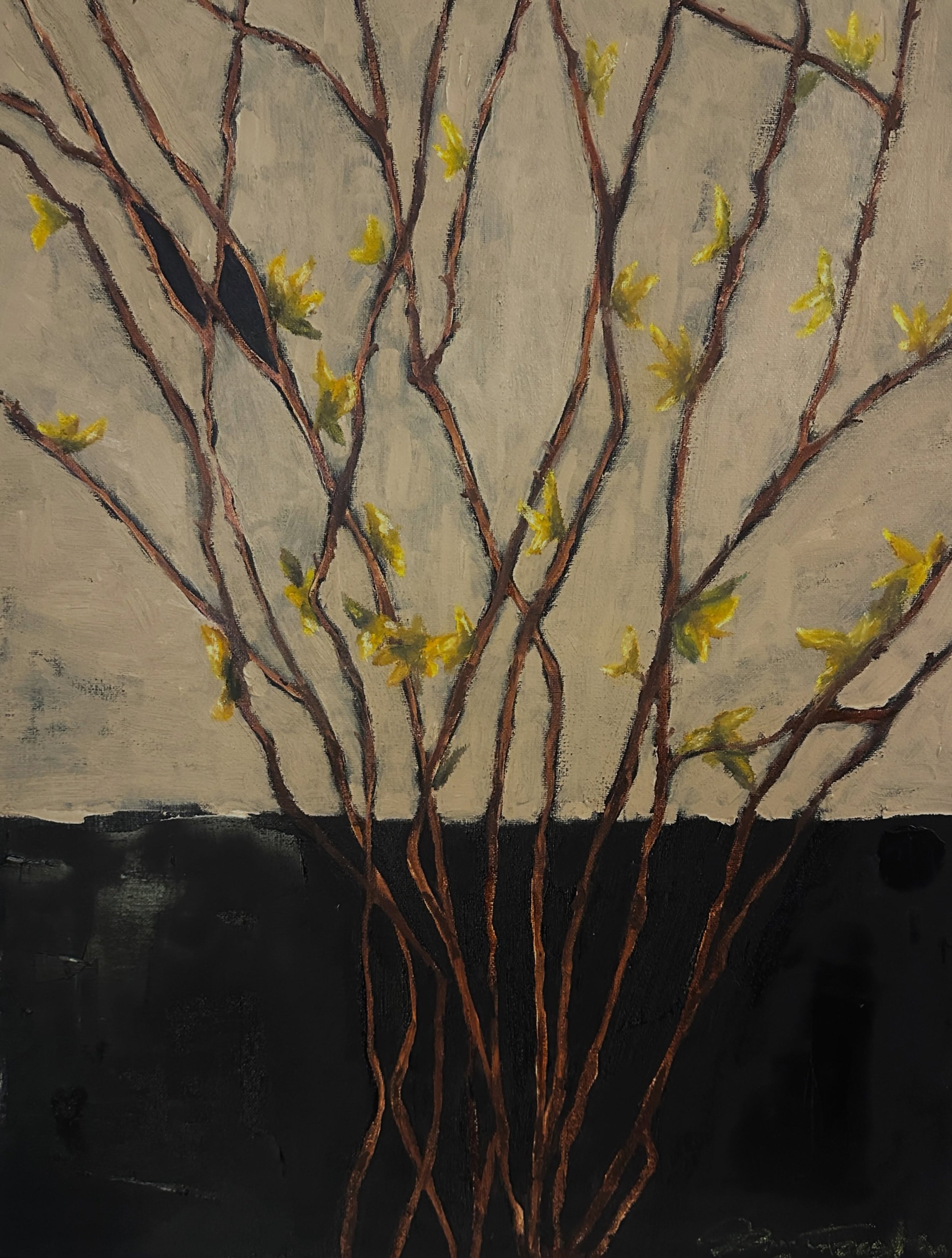The forsythia shrub dried and displayed in our home study

Oil and pastels on canvas 🌼😸🪾🪾