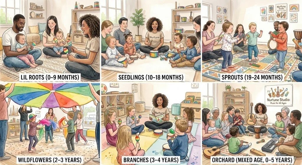 Six scenes showing young children and their caregivers engaging in music and activity classes for different age groups. Top row: babies 0-9 months playing with rattle, toddlers 10-18 months playing with drums, and preschoolers 19-24 months dancing and singing. Bottom row: children aged 2-3 years dancing under a rainbow umbrella, children 3-4 years sitting in a circle playing with maracas, and mixed-age children 0-5 years sitting in a circle with their caregivers, playing instruments in a music class.