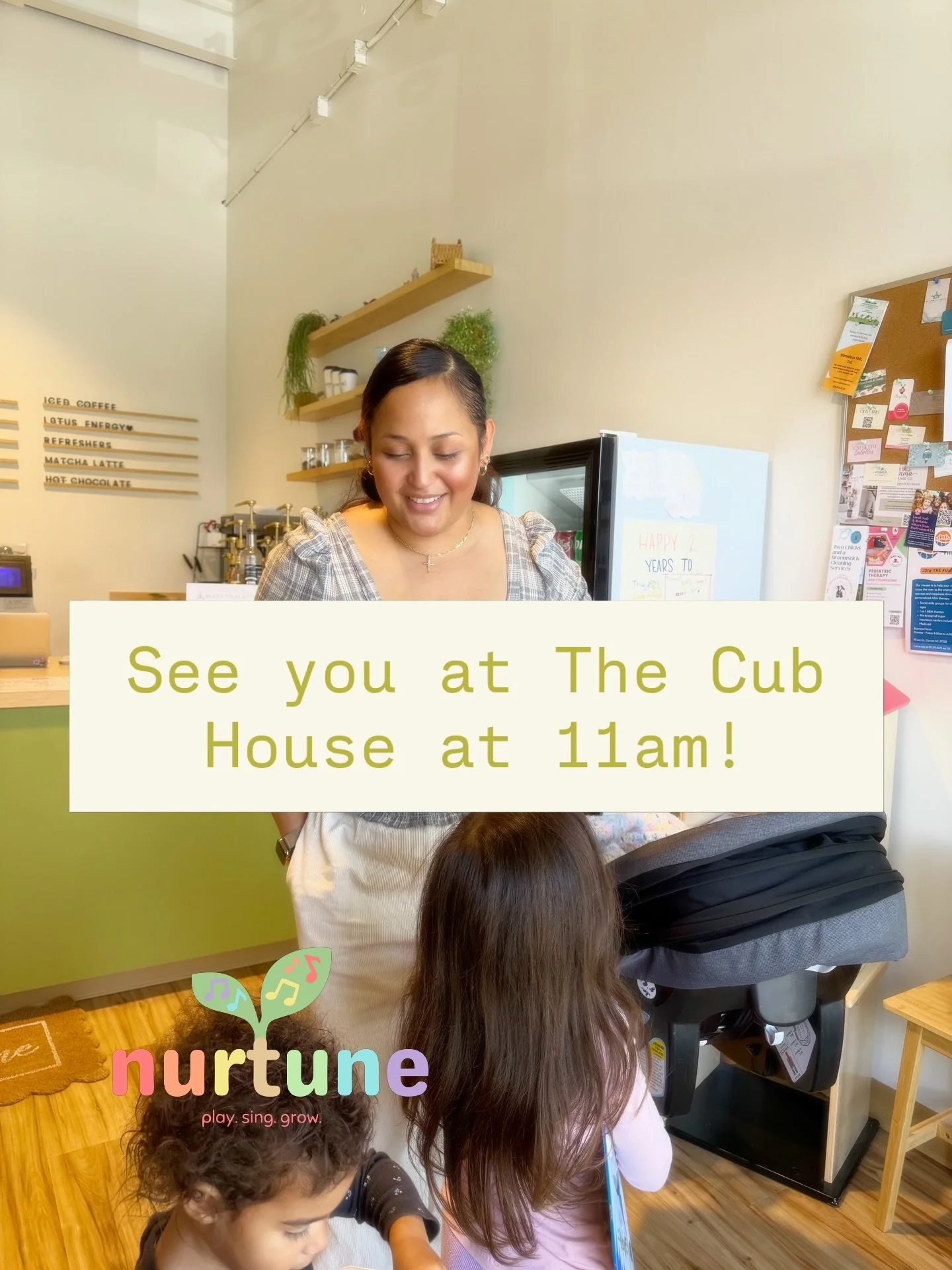 Good morning Nurtune families! ☀️🎶

We are so excited to see everyone today at 11 AM at the Cub House Play Caf&eacute;! A few quick reminders before class:

&bull; Please bring socks for both caregivers and little ones
&bull; We recommend arriving a