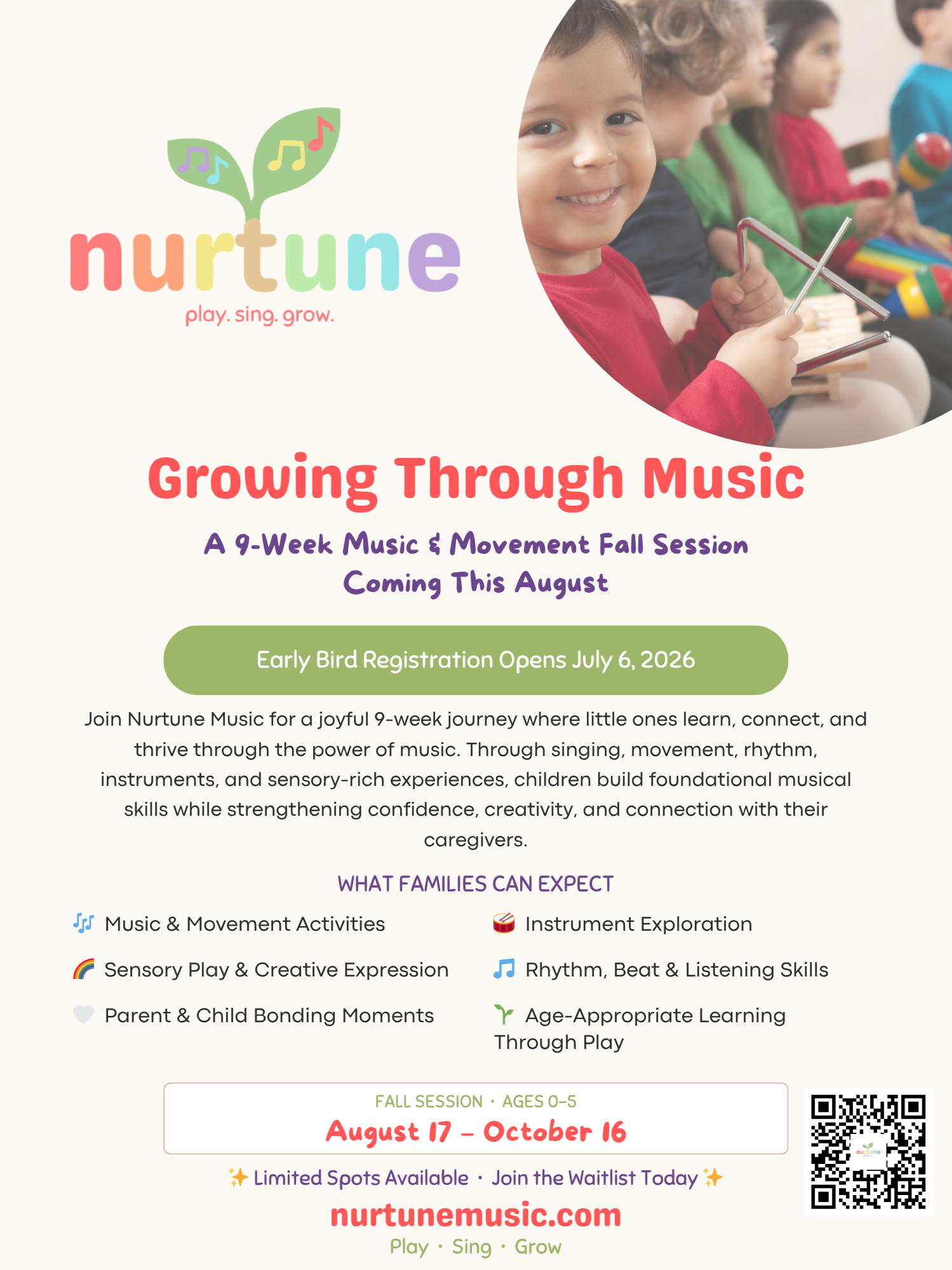 Flyer for Nurtune music program with a photo of children playing musical instruments and smiling, colorful text, and details about the 9-week fall session from August 17 to October 16 for ages 0-5.