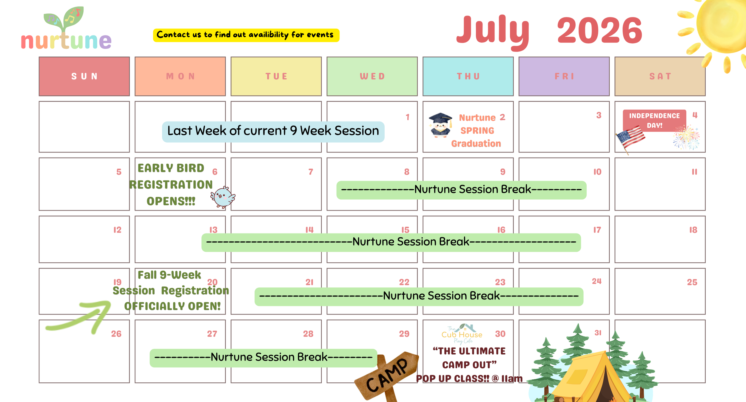 A colorful July 2026 calendar for Nurtune, featuring event notes such as graduation on July 1, early bird registration opening on July 6, Independence Day on July 4, and nurturing session breaks on July 8, 14, and 21, with decorative illustrations including a sun, a tent, pine trees, and GAC logos.