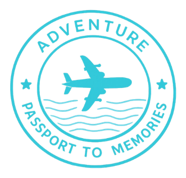 A blue circular stamp with a plane flying over waves. The words 'Adventure Passport to Memories' are written around the circle.