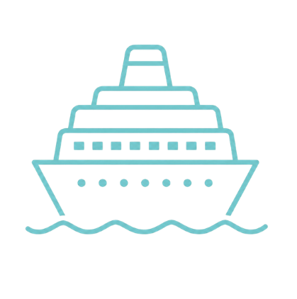 A digital drawing of a cruise ship on water with multiple decks and a large front window.