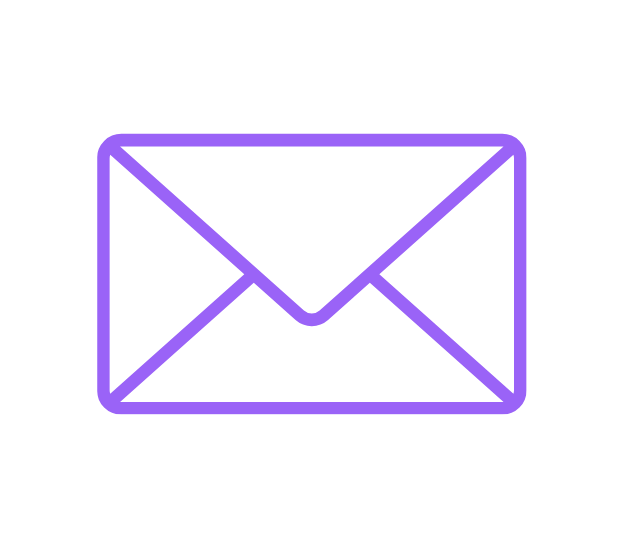 Purple outline icon of an envelope or letter on a black background.
