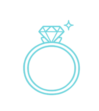Illustration of a diamond engagement ring with a large central diamond and a small sparkle next to it.