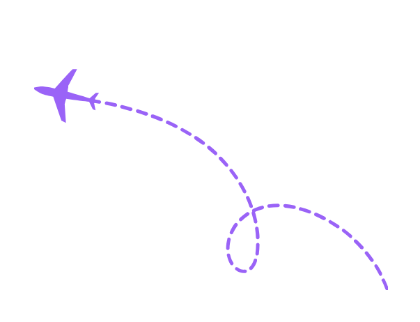 Illustration of an airplane flying in a corkscrew pattern with a dotted purple flight path.