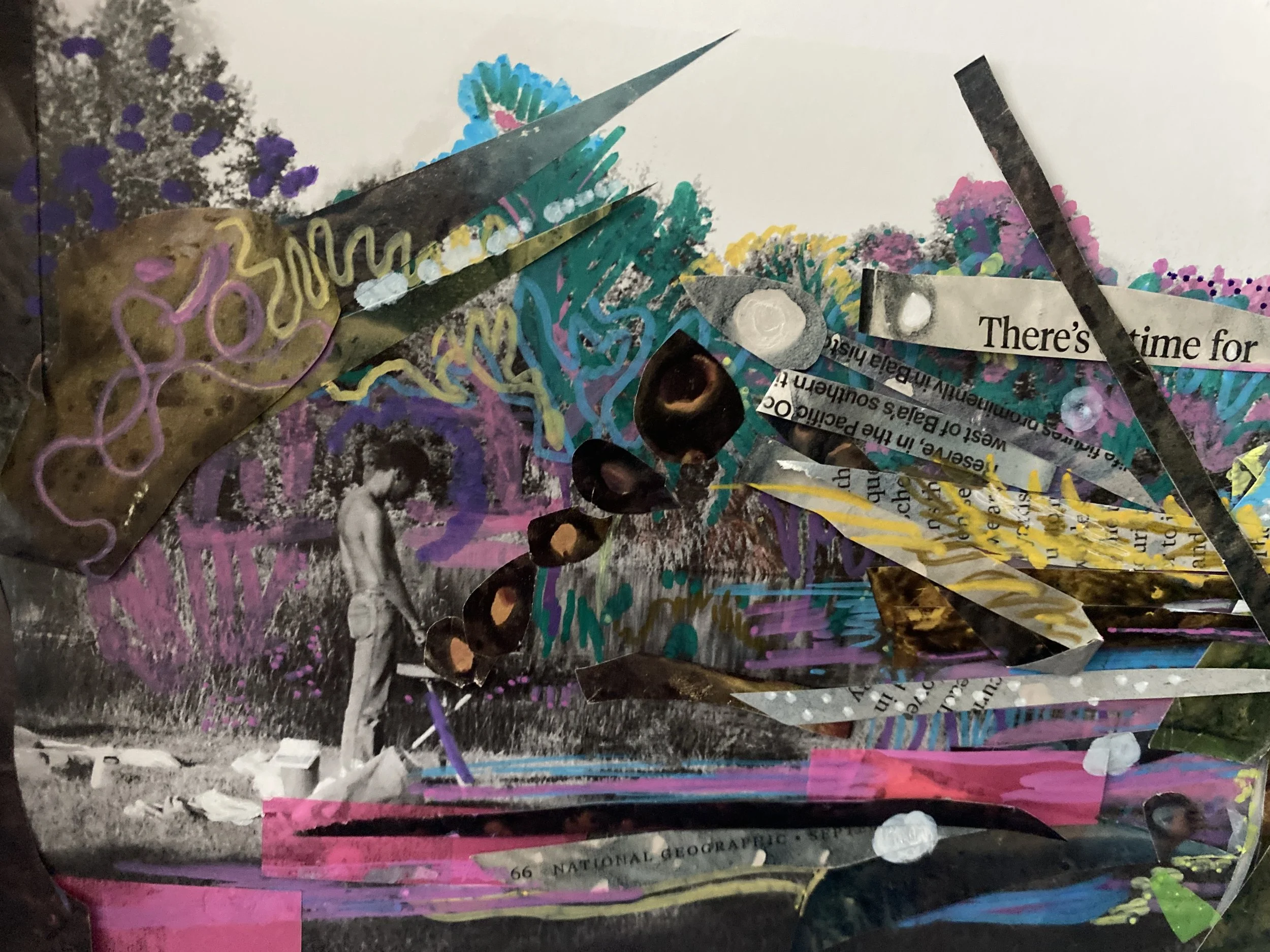 Assorted colorful collage of paper, magazine snippets, drawings, and paint layered together.