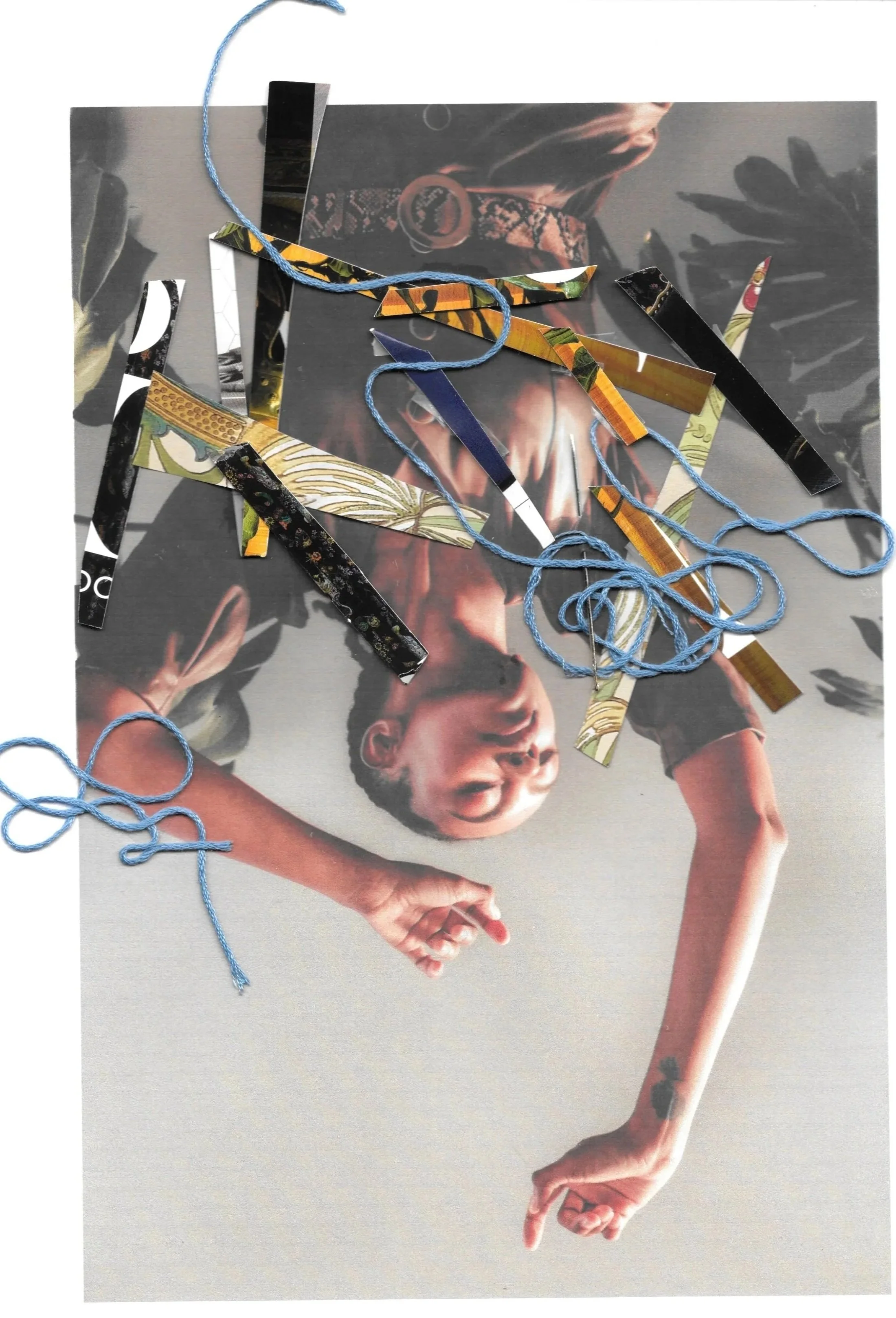A collage of cut-out magazine images layered on top of a photograph of a woman with short gray hair, looking upward and holding her neck. Blue thread is draped across the collage.