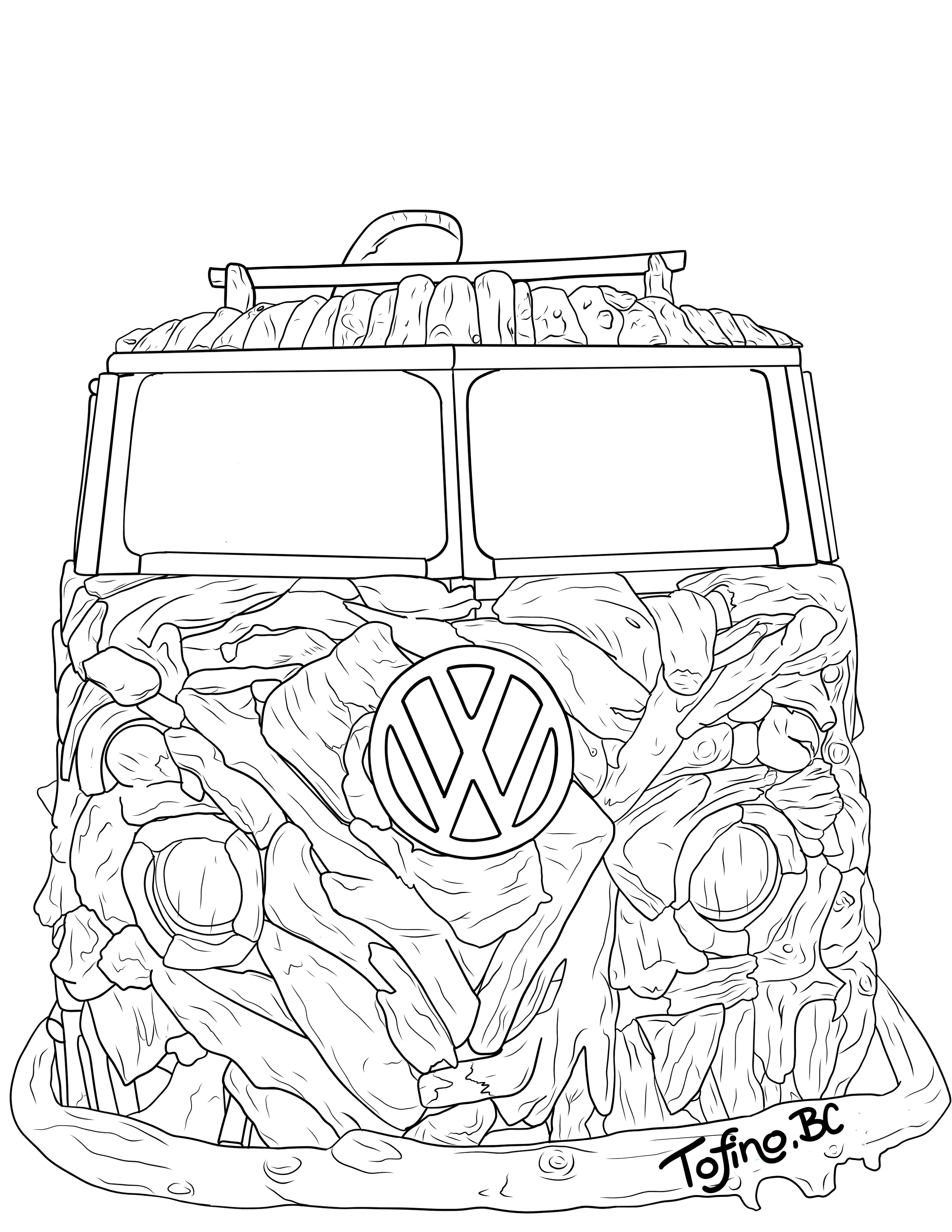 A black linework image of a classic Volkswagen bus commonly seen in surf culture. The bus is located at Hotel Zed and is made entirely of driftwood as an art installation.