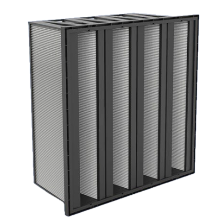 A large industrial air filter or HVAC unit with multiple tall, vertically oriented filter panels housed in a black metal frame.