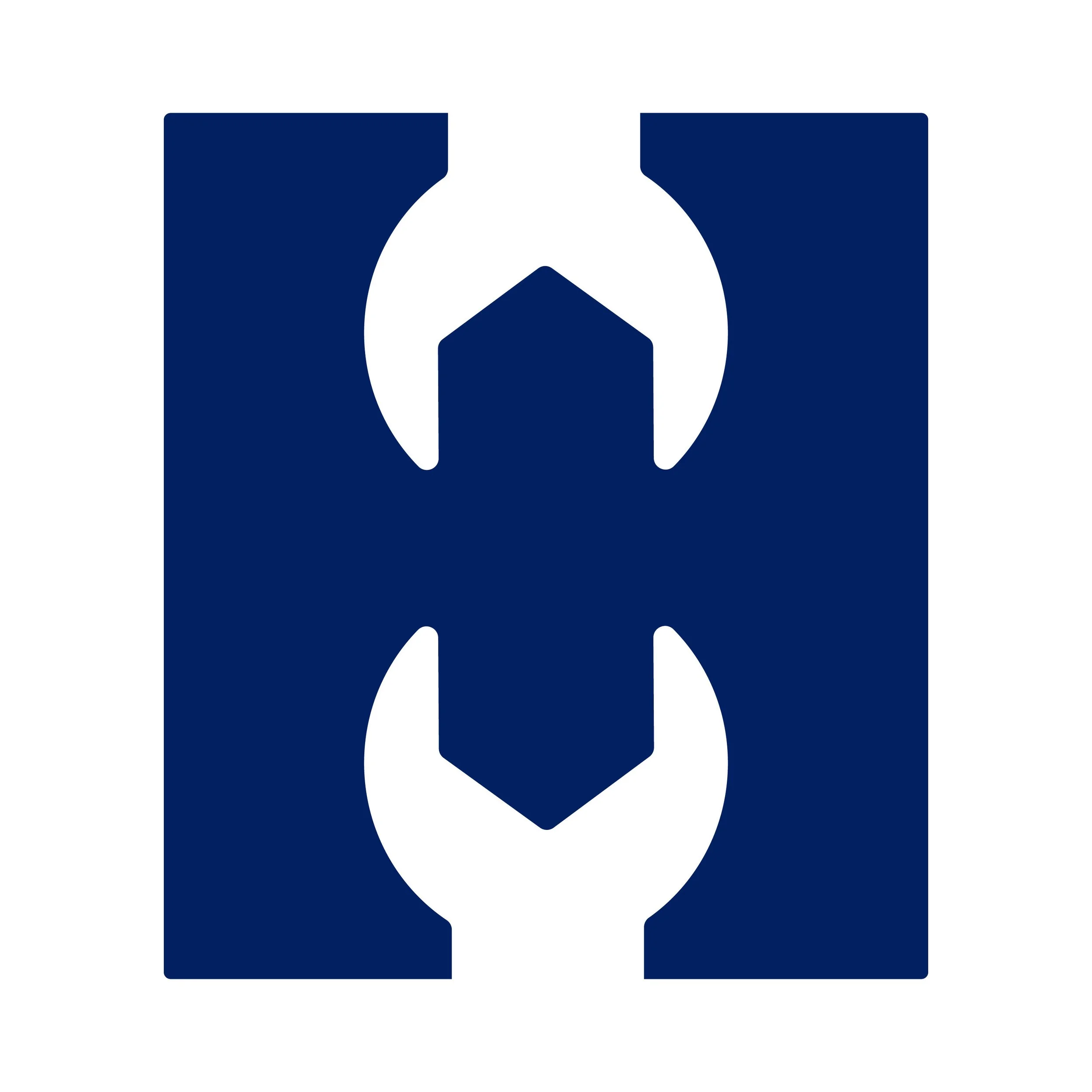 A stylized blue and white ribbon icon, with a circular element at the top center and two vertical rectangular shapes extending downward, connected by a curved line.