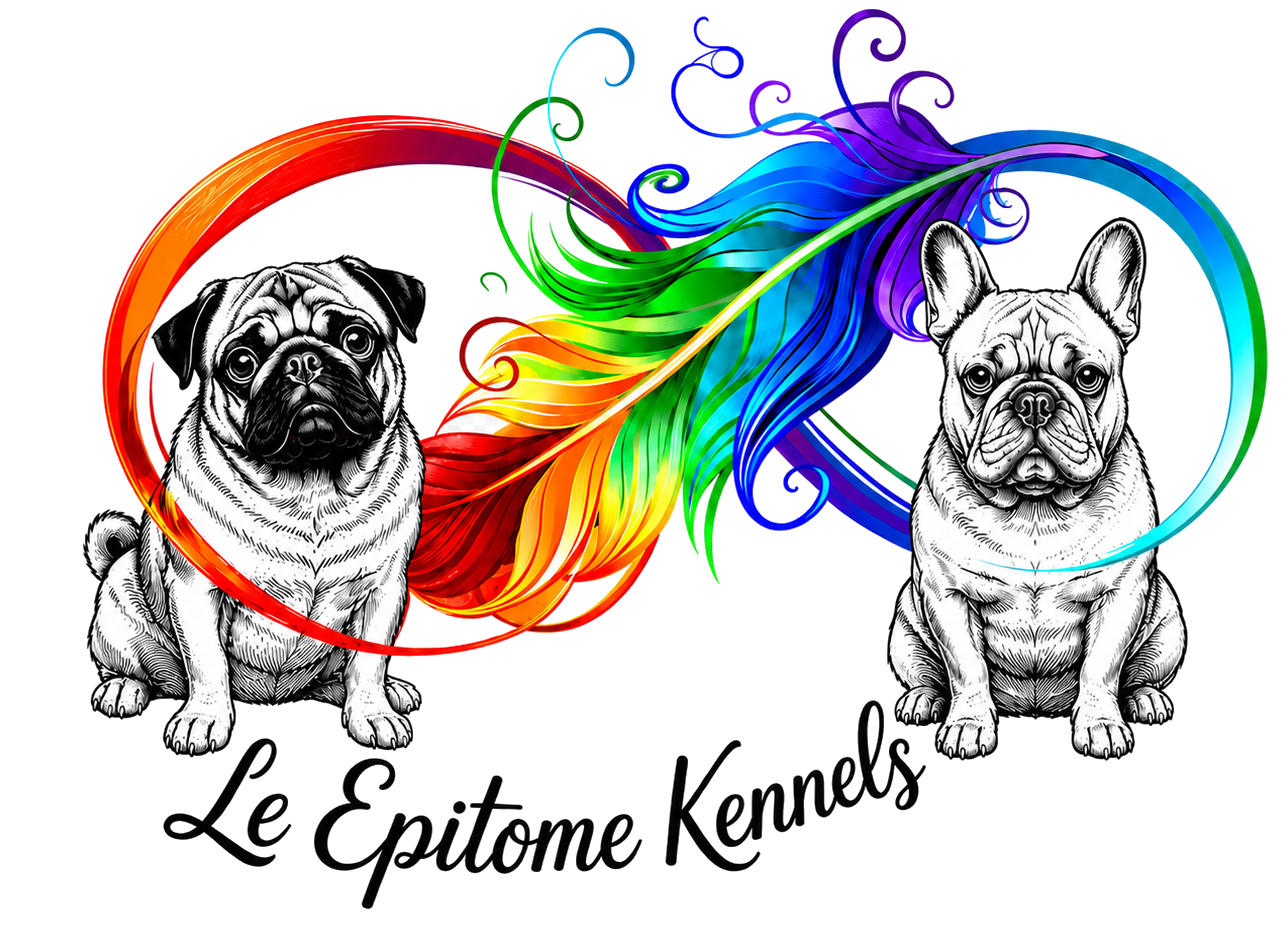 logo of a stylized Pug and a French bulldogs in black and white with a rainbow-colored figure of 8 feather design between them, and the text 'Le Epitome Kennels' below.