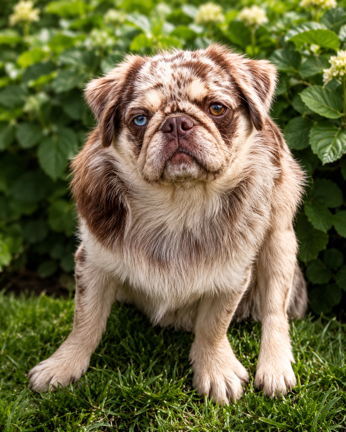 Cookie, a chocolate and tan merle fluffy Pug at Le Epitome Kennels
