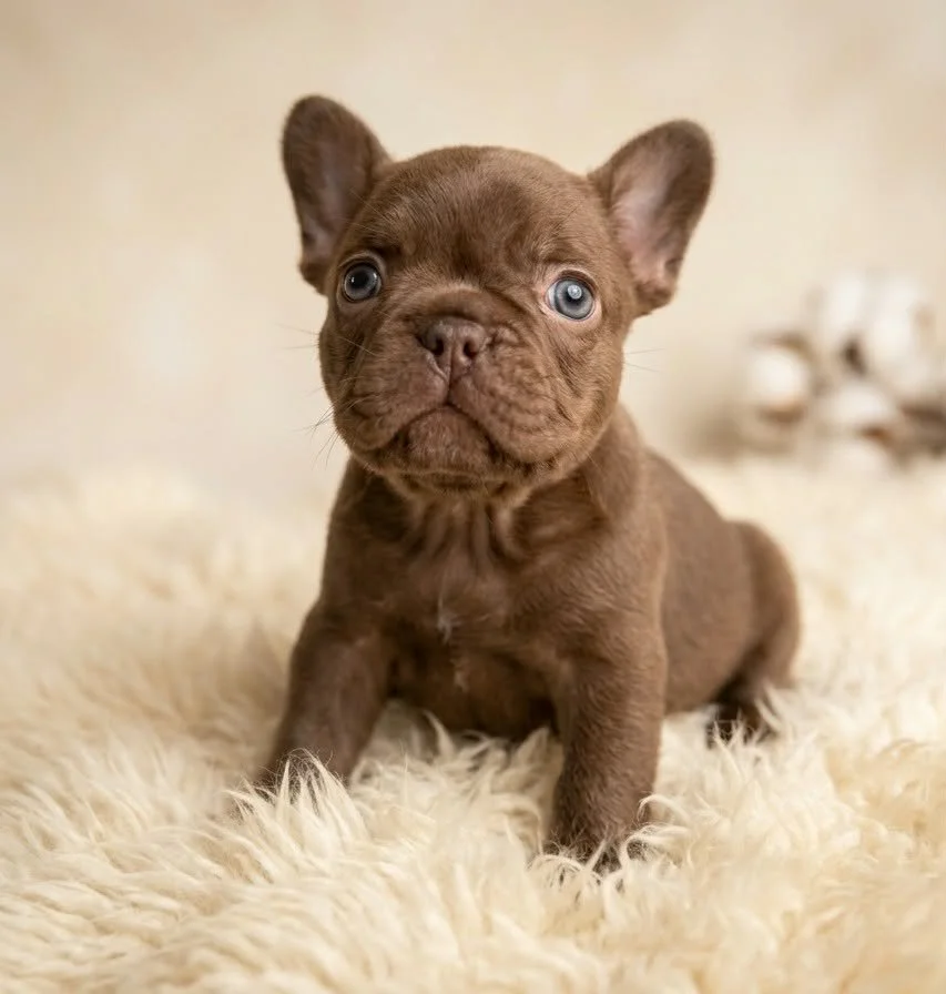 Rojo French Bulldog puppy bred by Le Epitome Kennels in Waikato, New Zealand, shown standing on a white sheepskin rug. This puppy was previously available for sale and is now sold.