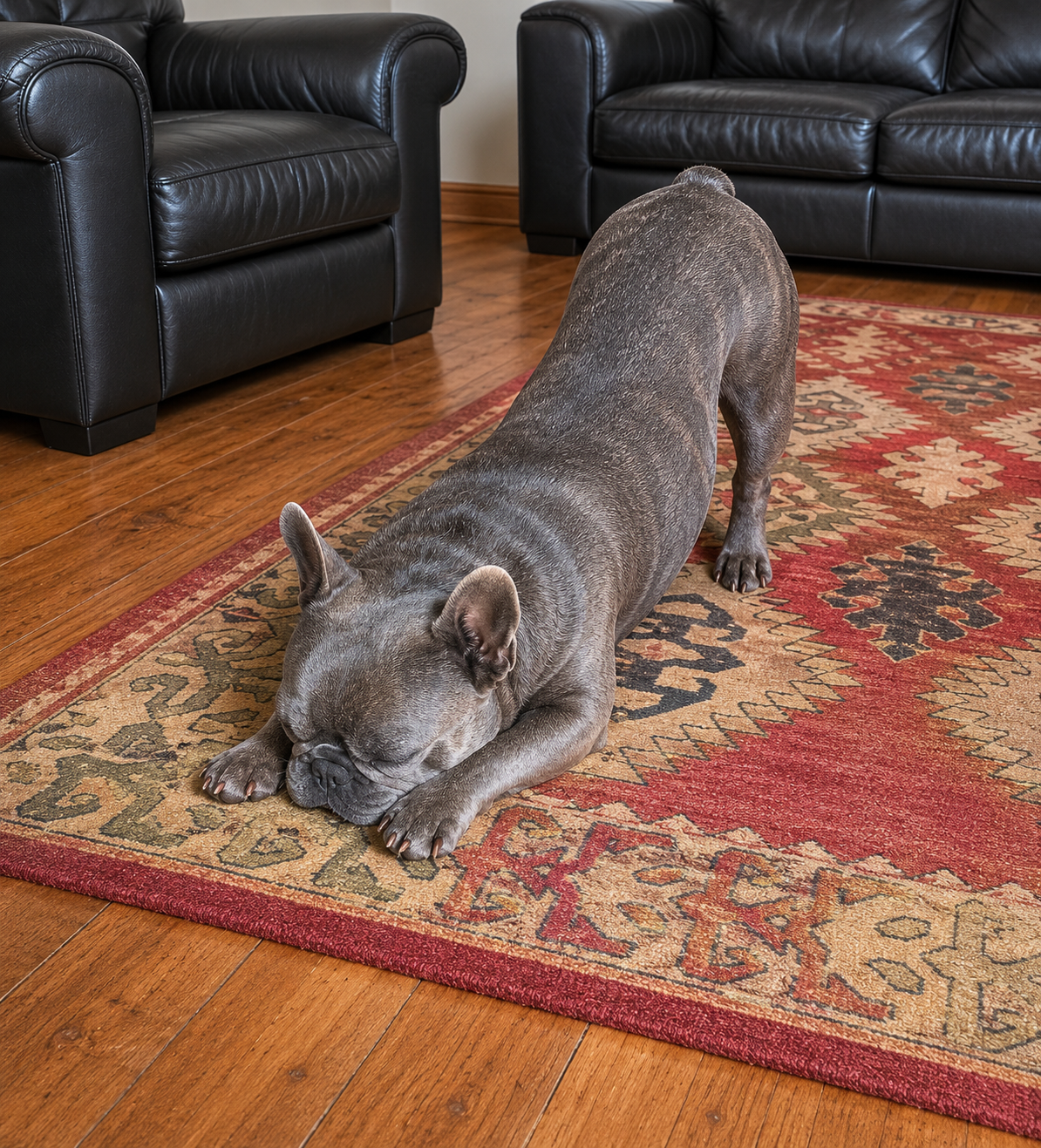 Blue brindle french bulldog Pluto, in downward facing dog pose on a red rug.