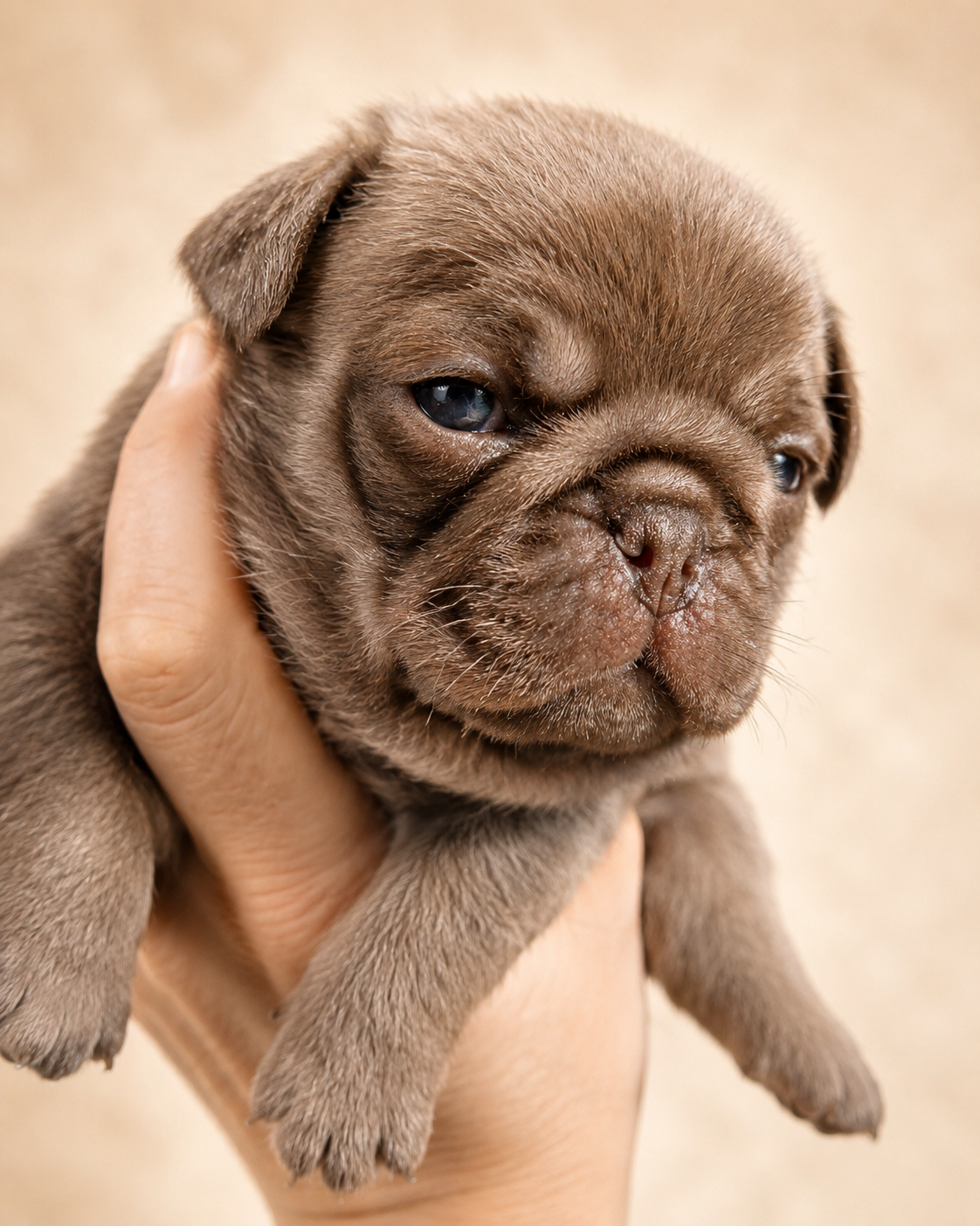 Milk Chocolate Pug puppy bred by Le Epitome Kennels, originally advertised for sale and now sold from the Fudge x Indigo Joe Pug litter.