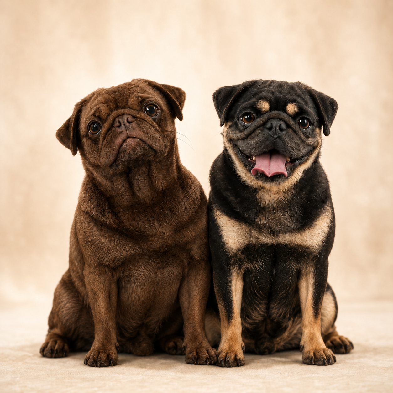 Indigo Joe and Fudge are coloured Pugs bred by Le Epitome Kennels in Waikato, New Zealand, shown sitting close together on the floor against a cream backdrop.