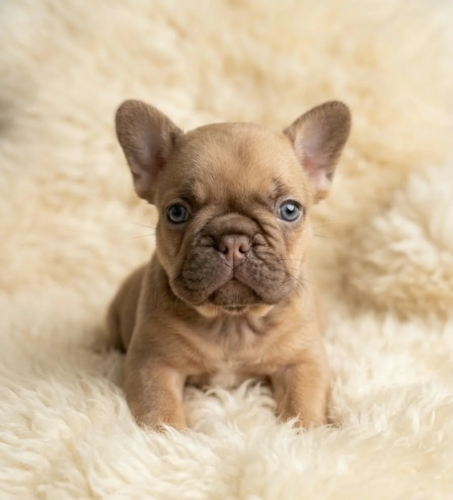 Rojo fawn French Bulldog puppy bred by Le Epitome Kennels in Waikato, New Zealand, shown lying on a white sheepskin rug. This puppy was previously available for sale and is now sold.