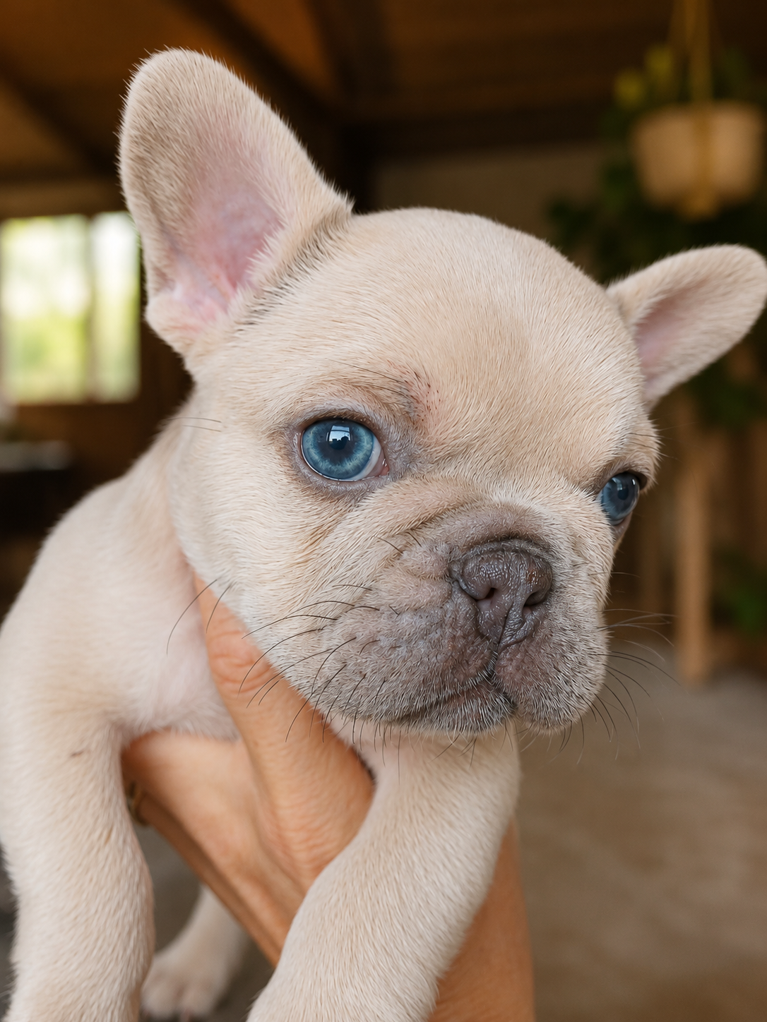Lilac Fawn French Bulldog puppy 8 weeks old being held