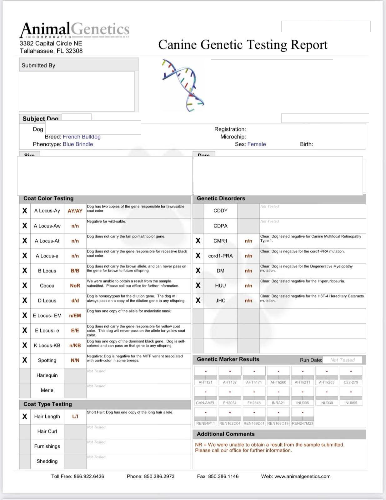 Alt text: Redacted DNA profile example for Mona, dam of Moby, showing inherited colour and health genetics used in French Bulldog breeding decisions.