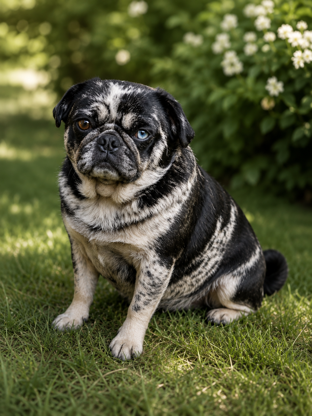 Leela, a black and tan merle Pug female with distinctive mottled markings