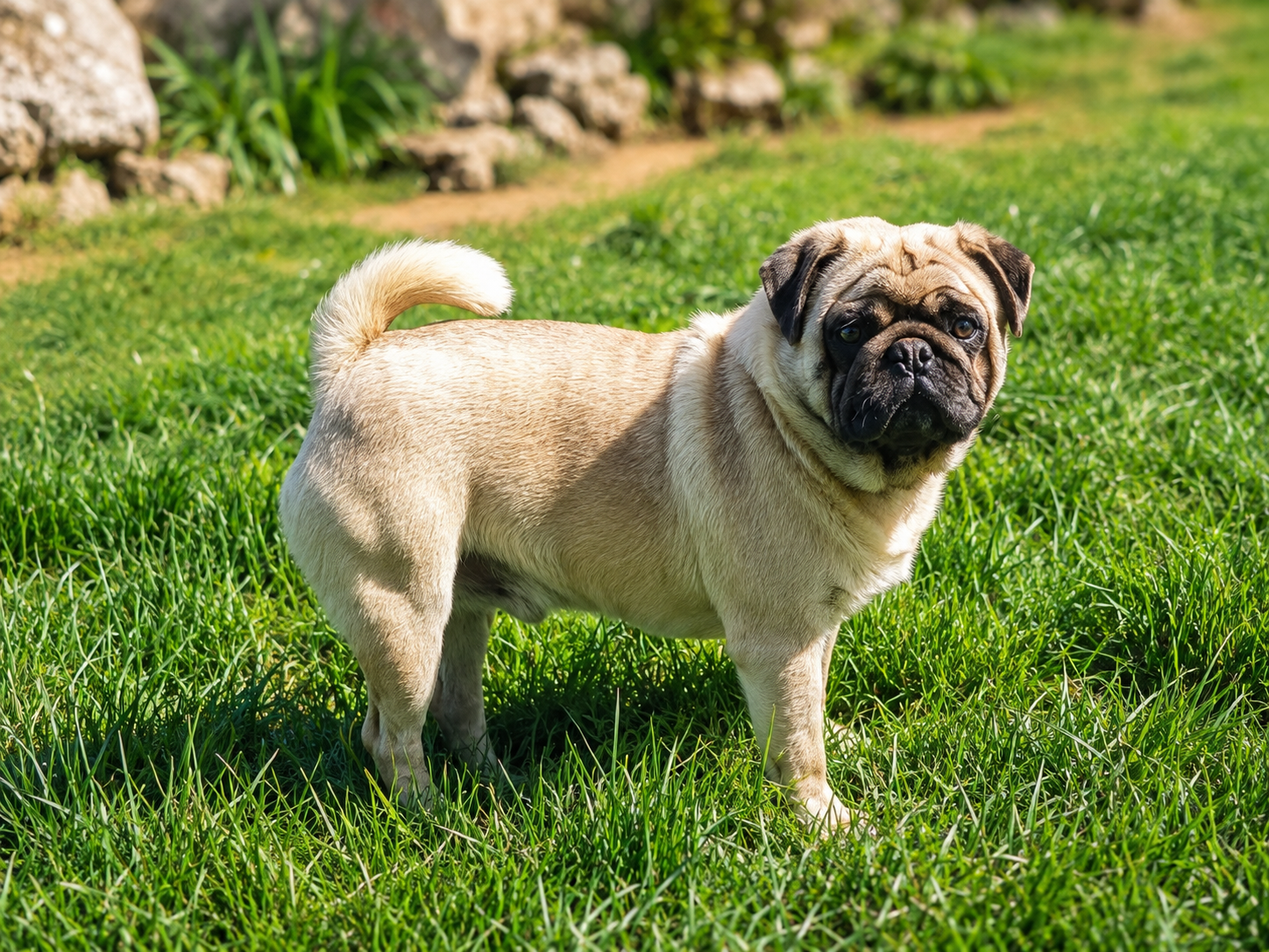 Storm our blue fawn coloured pug stud dog standing on green grass in a garden.