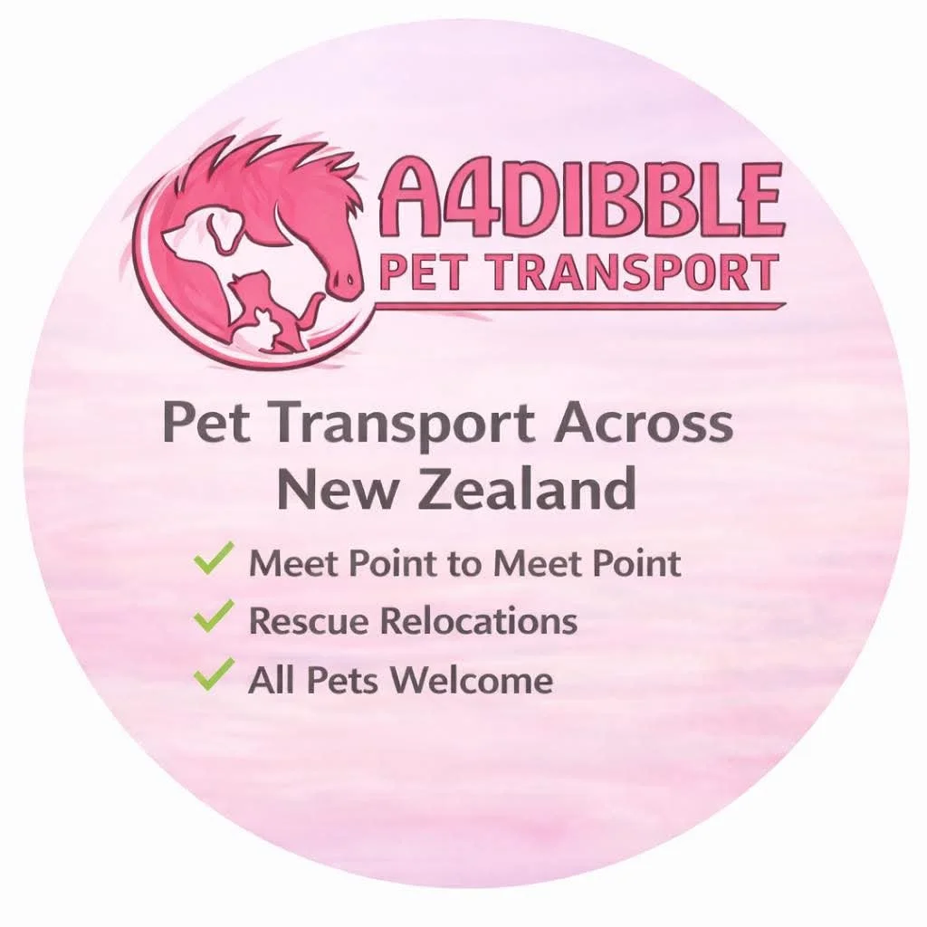Pink circular logo for A4Dibble Pet Transport in New Zealand, featuring a horse and two small pets, with text highlighting services including meet point, rescue, and welcoming all pets.