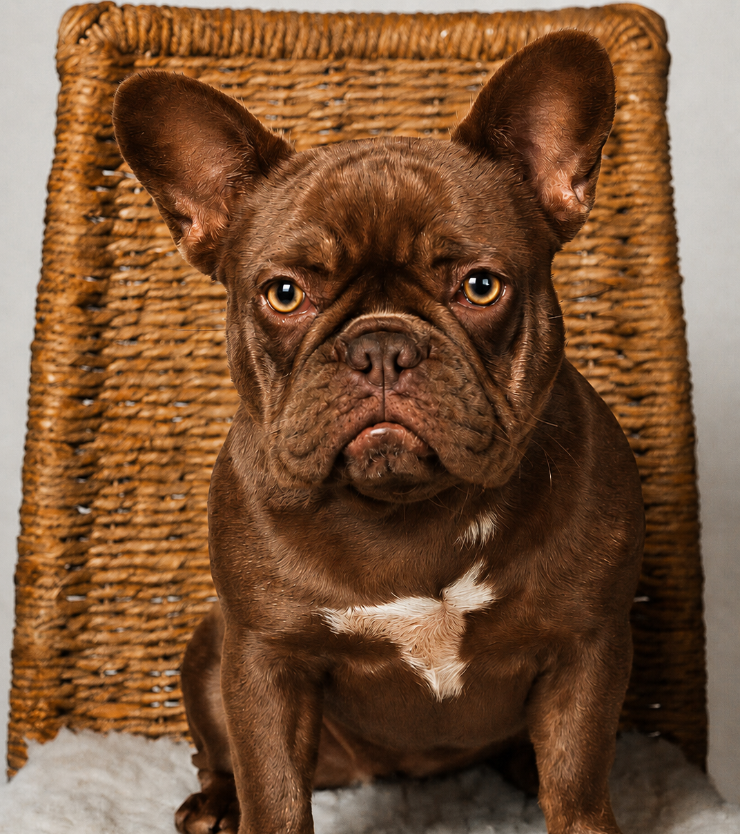 Nyx, a rojo trindle French Bulldog dam from Le Epitome Kennels in Waikato, New Zealand, sitting on a chair.