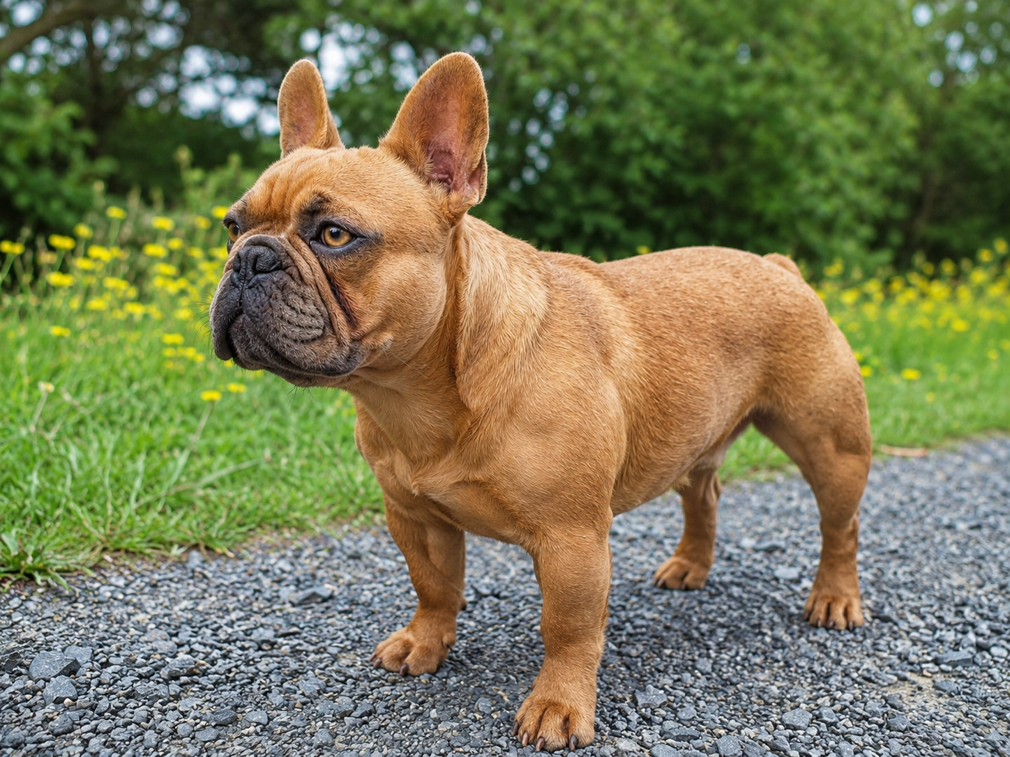 Mickey is a red blue fawn French Bulldog stud dog from Le Epitome Kennels in Waikato, New Zealand, shown standing on a gravel path with a green grass meadow behind him.