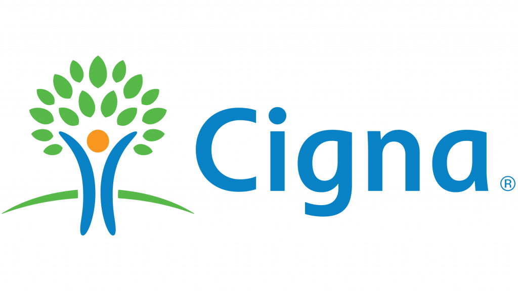 Logo featuring a stylized tree with green leaves and an orange circle at the center, with the word 'Cigna' in blue text.