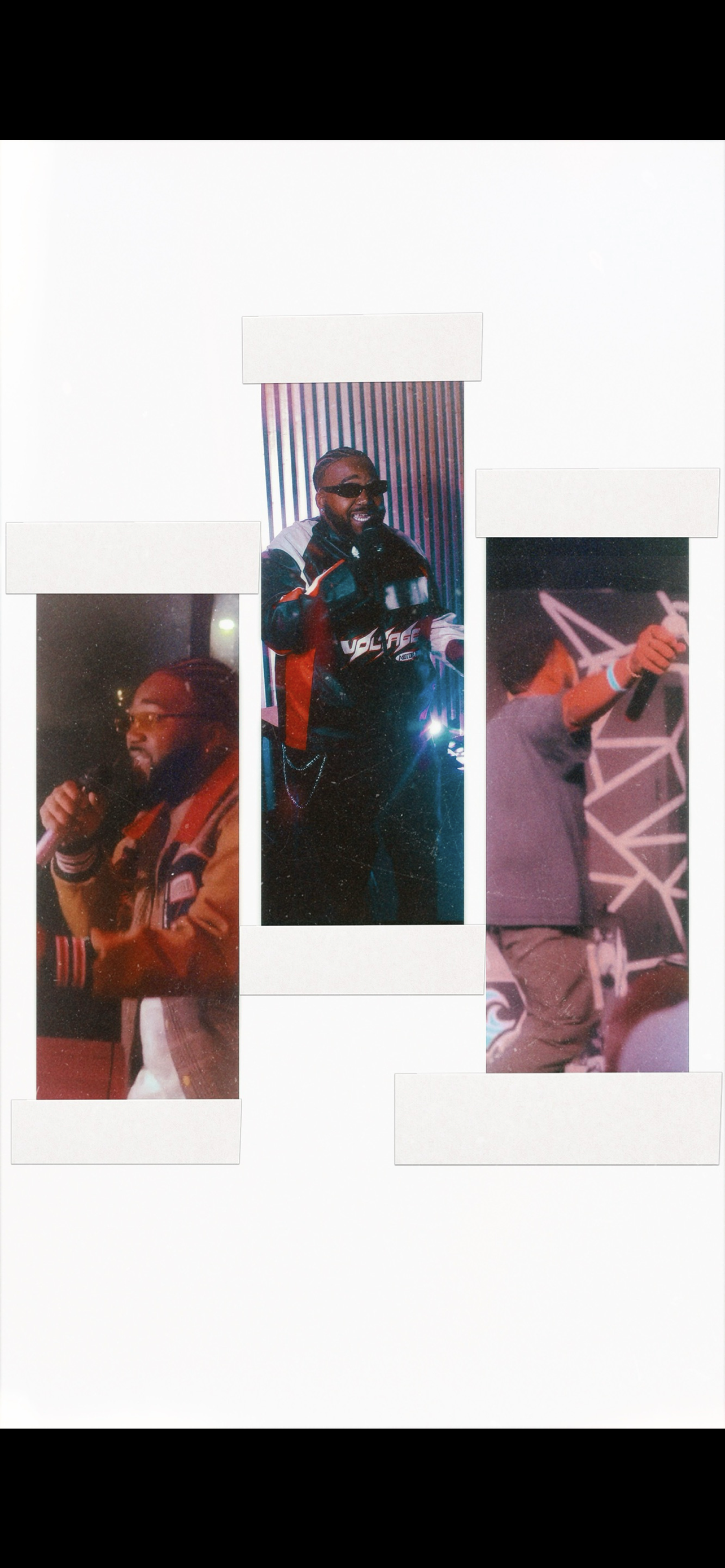 Collage of three photographs of a man performing with microphones at miscellaneous shows, with a white background and blank white label areas.