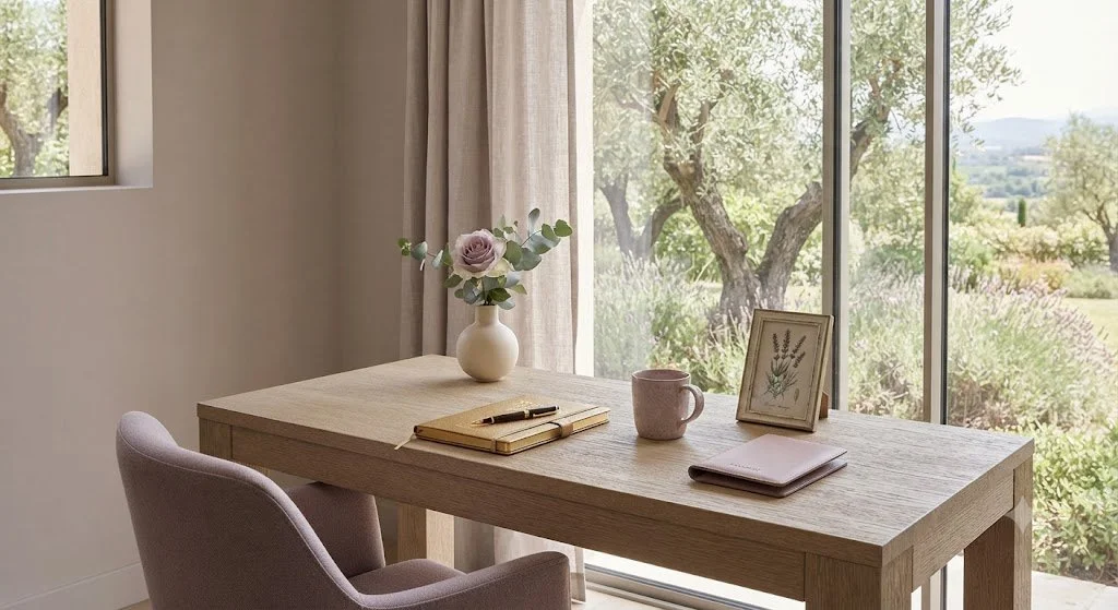 A minimalist wooden desk with a framed botanical picture, a pink mug, a closed notebook, a pen, and a flower arrangement in a white vase, set against large glass windows revealing an outdoor garden with trees and greenery.