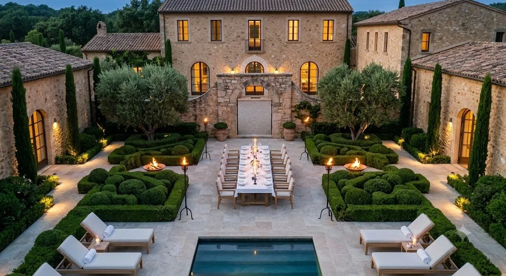 Luxury private estate and villa courtyard with pool for multigenerational family vacations.