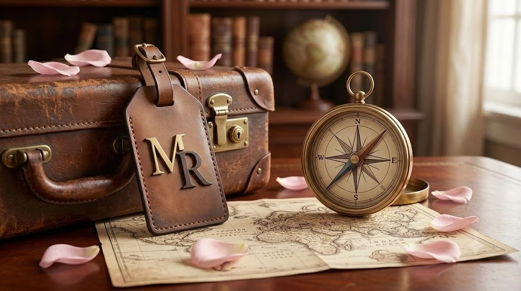 Vintage leather suitcase with a luggage tag labeled "MR," a brass compass, and a world map on a wooden desk. Pink rose petals are scattered around, with a globe and books in the background.