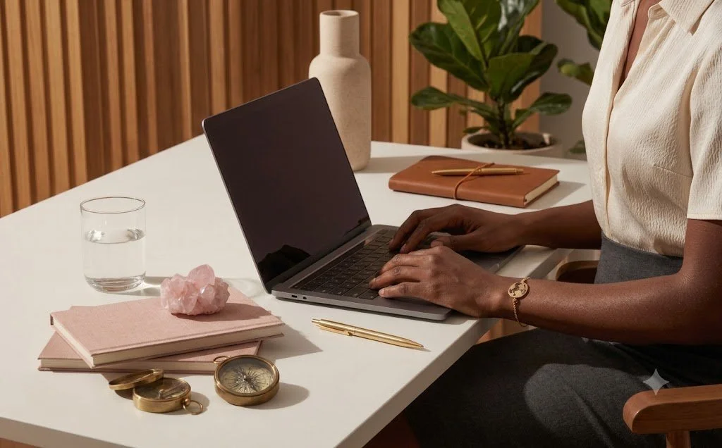 Person working on a laptop at a white desk with notebooks, a gold pen, a compass, a glass of water, a pink crystal, a white vase, and a plant in the background.