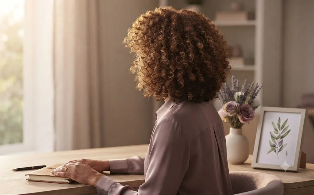 A woman with curly hair sitting at a desk, looking out a window with a notebook and pen, in a cozy room with a vase of flowers and framed art on the desk.