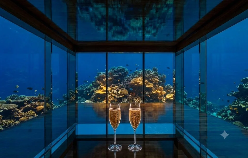 The Deep Reef Salon:
An extraordinary lounge encased in floor-to-ceiling glass. Sip champagne as a vibrant coral reef comes alive in the deep blue shadows, offering a silent look into the marine world.