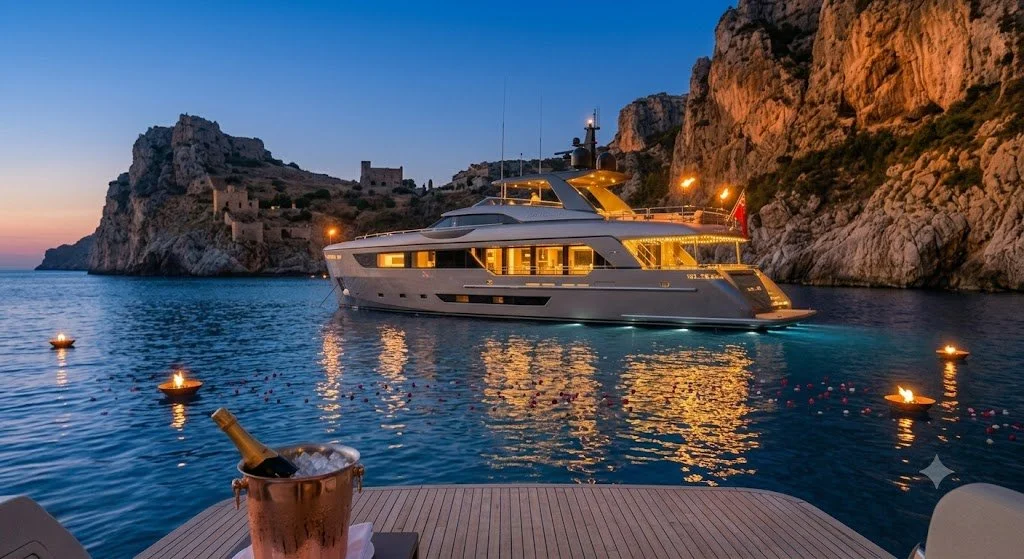 The Sovereign Escape:
Complete maritime autonomy. Anchored beneath the dramatic cliffs of the Amalfi Coast, a sleek superyacht awaits with champagne on deck. The entire bay is yours—completely off the grid.