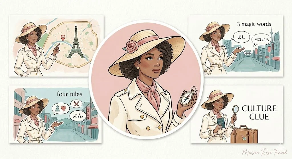 Illustration of a woman traveling in Paris, France. She wears a straw hat with a pink flower, a white trench coat, and holds a pocket watch and a tourist guidebook. The image includes four panels: the first shows her pointing at a map of Paris with the Eiffel Tower; the second displays her explaining three magic words in Japanese; the third shows her discussing four rules of communication; and the fourth features her holding a magnifying glass next to the phrase 'culture clue.'