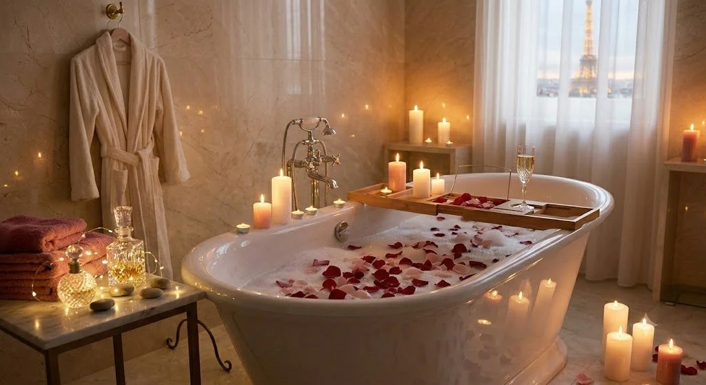 A luxurious bathroom with a vintage clawfoot bathtub filled with water and rose petals, surrounded by candles, a glass of champagne, and soft lighting. There is a bathrobe hanging on the wall and a window showing the Eiffel Tower in the background.